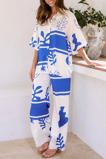 Daily Geometric Print Buttons Turndown Collar Short Sleeve Two Pieces