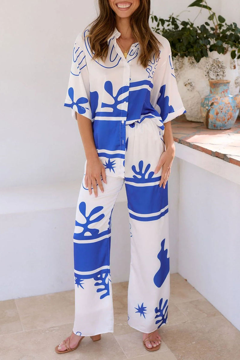 Daily Geometric Print Buttons Turndown Collar Short Sleeve Two Pieces