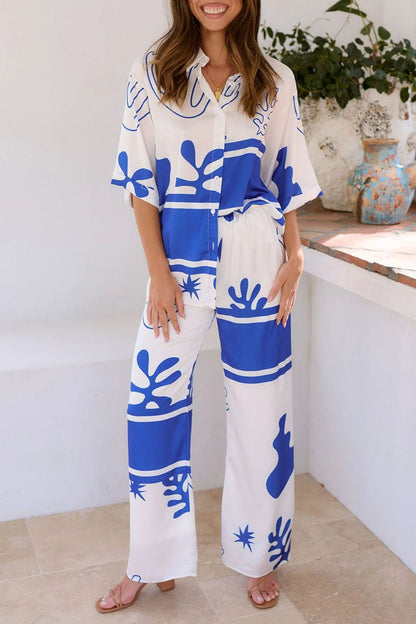 Daily Geometric Print Buttons Turndown Collar Short Sleeve Two Pieces