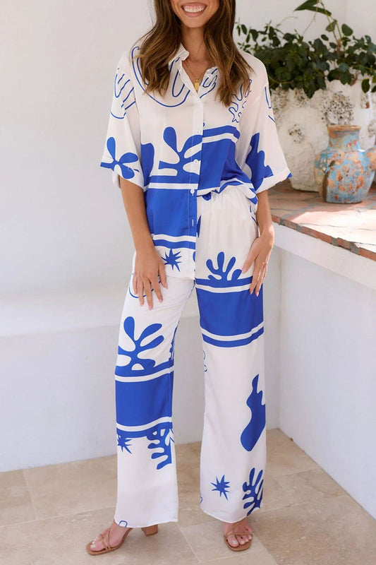 Daily Geometric Print Buttons Turndown Collar Short Sleeve Two Pieces