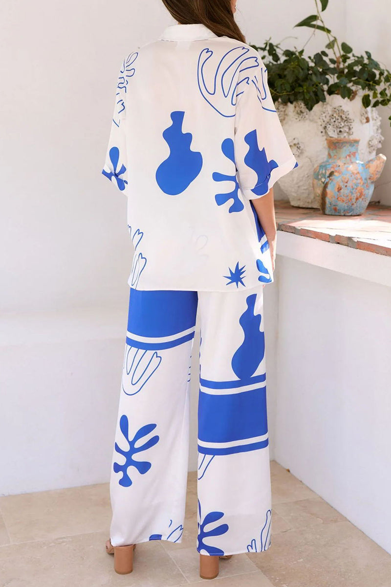 Daily Geometric Print Buttons Turndown Collar Short Sleeve Two Pieces