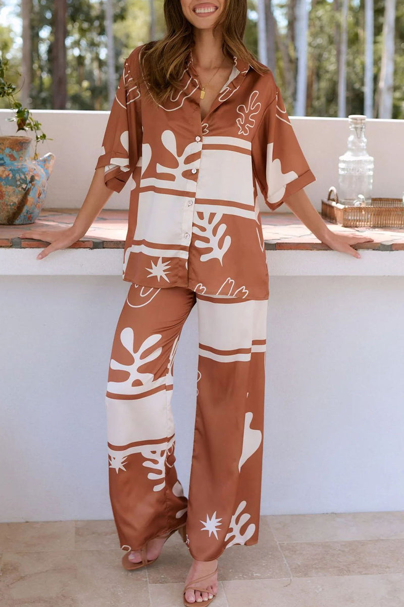 Daily Geometric Print Buttons Turndown Collar Short Sleeve Two Pieces