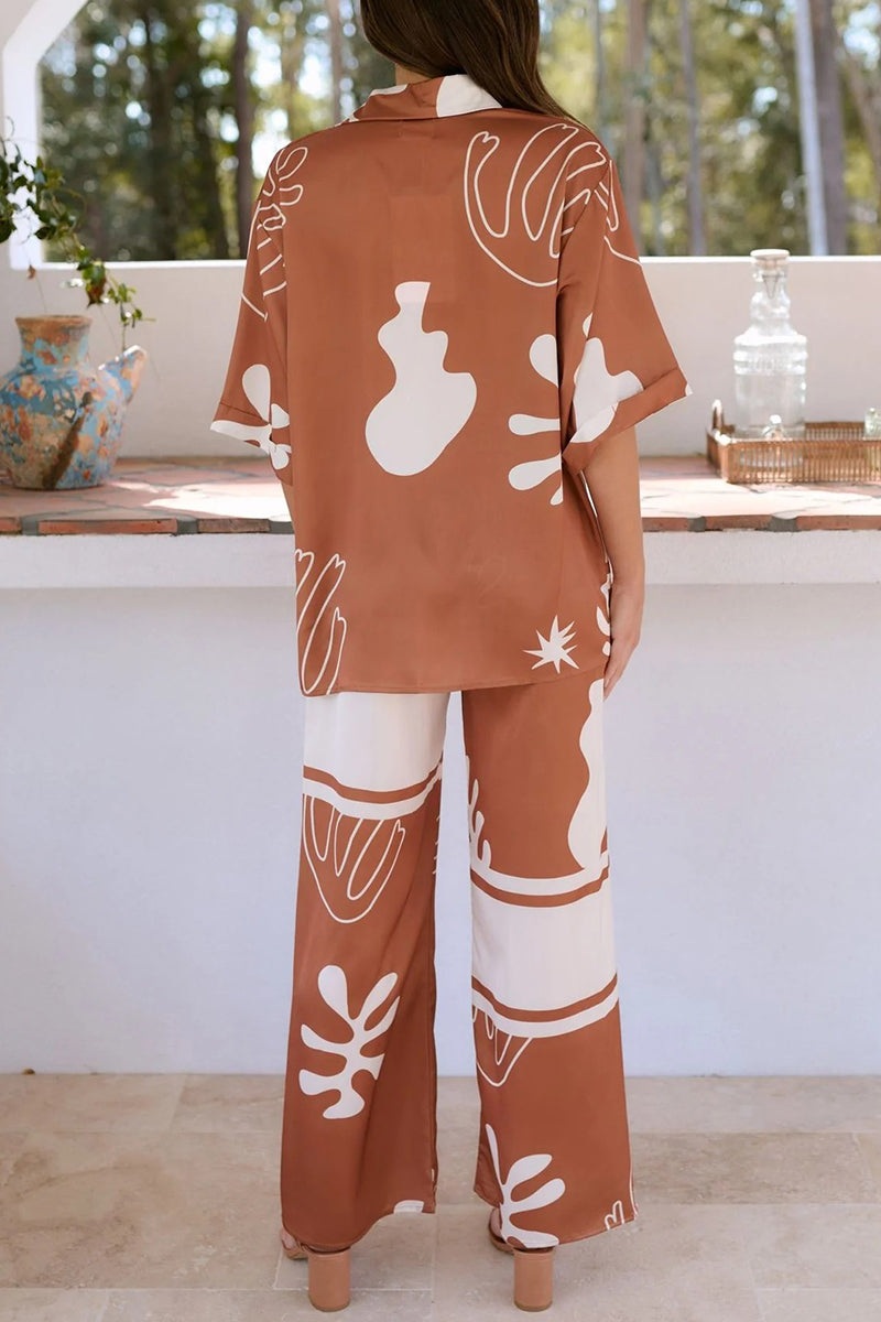 Daily Geometric Print Buttons Turndown Collar Short Sleeve Two Pieces