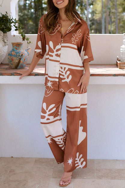 Daily Geometric Print Buttons Turndown Collar Short Sleeve Two Pieces
