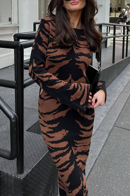 Street Leopard Jacquard Ripped Weave O Neck Pencil Skirt Dresses