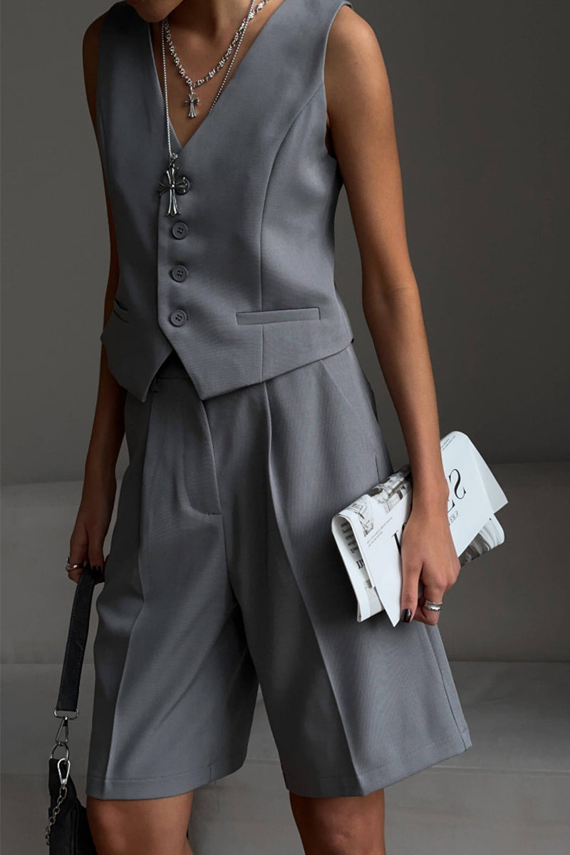British Style Pocket Buttons V Neck Sleeveless Two Pieces