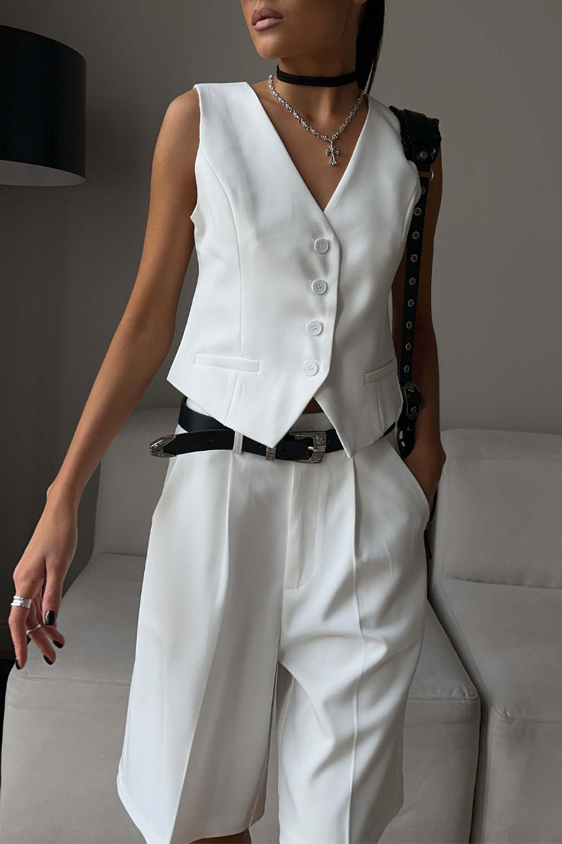 British Style Pocket Buttons V Neck Sleeveless Two Pieces