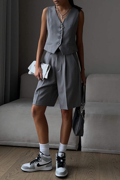 British Style Pocket Buttons V Neck Sleeveless Two Pieces