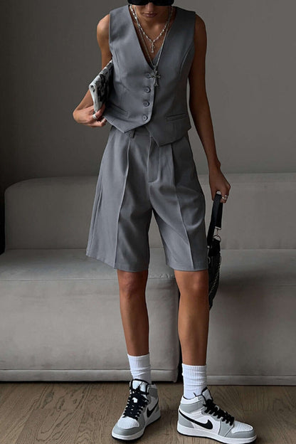British Style Pocket Buttons V Neck Sleeveless Two Pieces