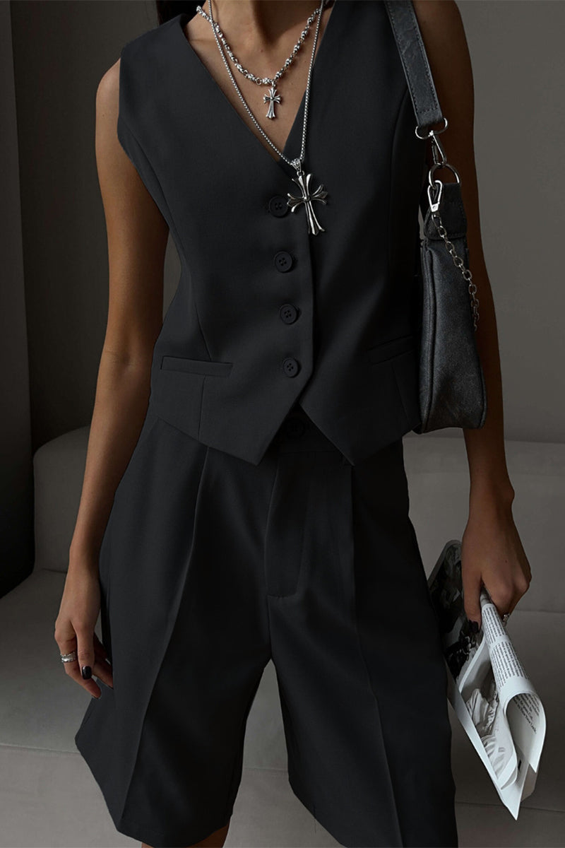 British Style Pocket Buttons V Neck Sleeveless Two Pieces