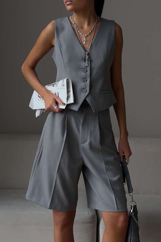 British Style Pocket Buttons V Neck Sleeveless Two Pieces