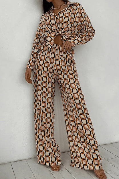 Geometric Print Buttons Turndown Collar Long Sleeve Two Pieces