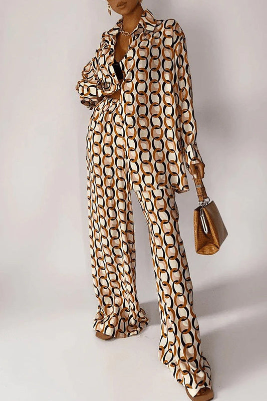 Geometric Print Buttons Turndown Collar Long Sleeve Two Pieces