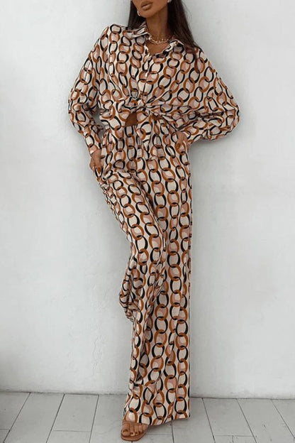 Geometric Print Buttons Turndown Collar Long Sleeve Two Pieces