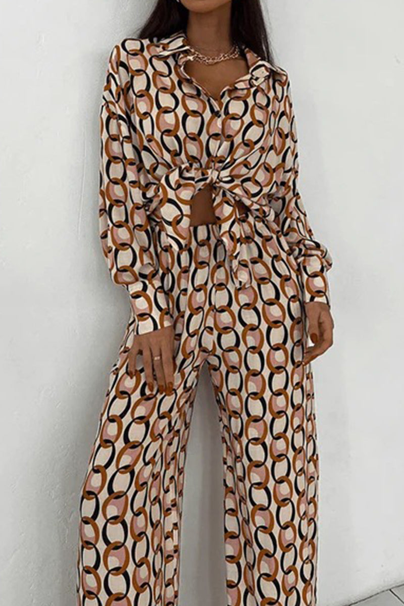 Geometric Print Buttons Turndown Collar Long Sleeve Two Pieces