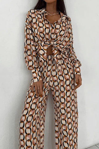 Geometric Print Buttons Turndown Collar Long Sleeve Two Pieces