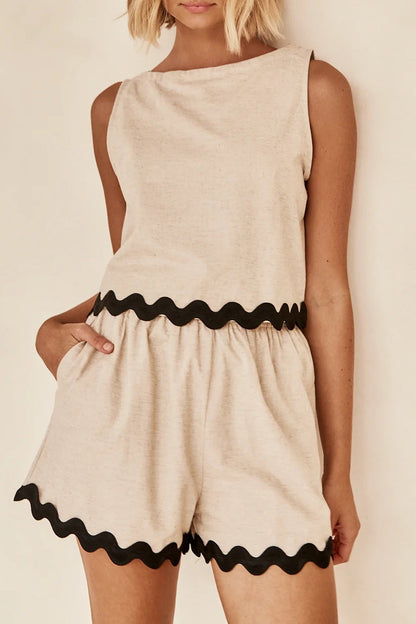 Simplicity Color Block Pocket Contrast O Neck Sleeveless Two Pieces