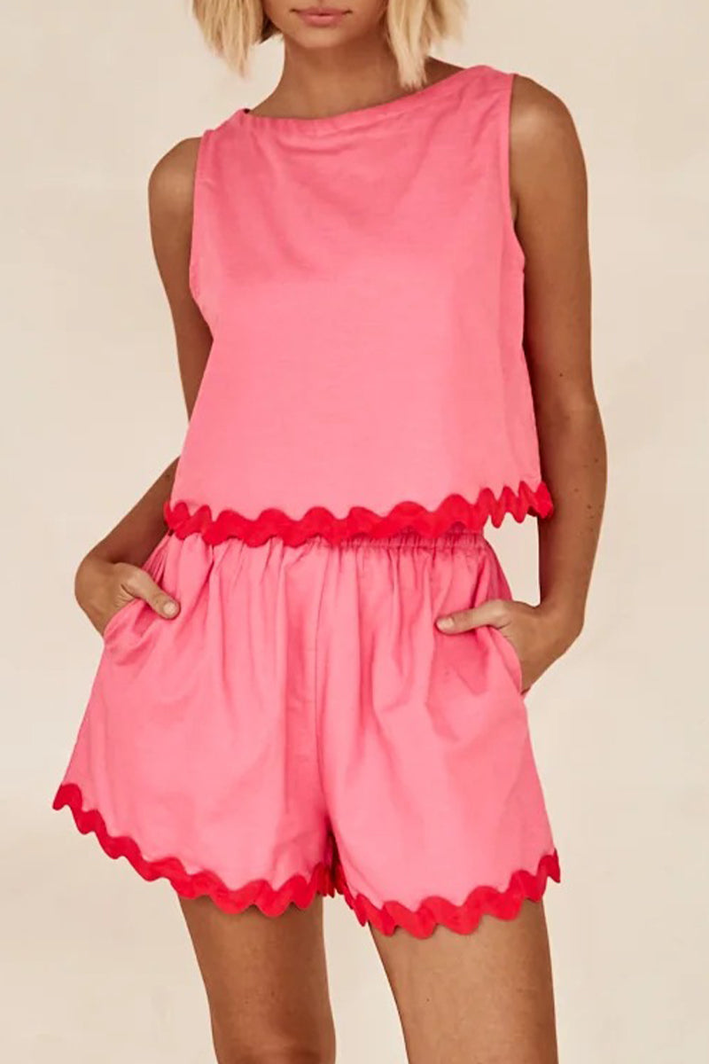 Simplicity Color Block Pocket Contrast O Neck Sleeveless Two Pieces
