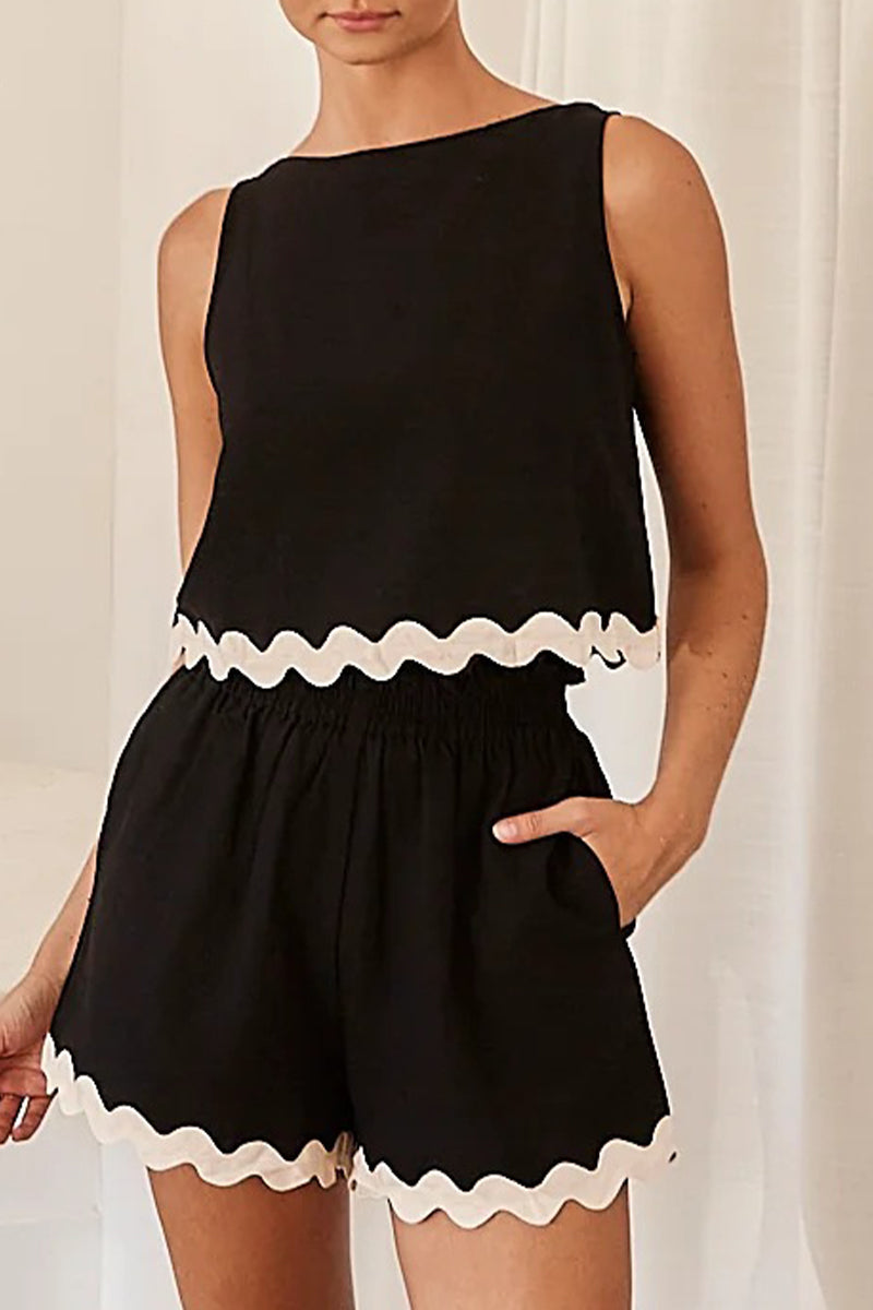 Simplicity Color Block Pocket Contrast O Neck Sleeveless Two Pieces