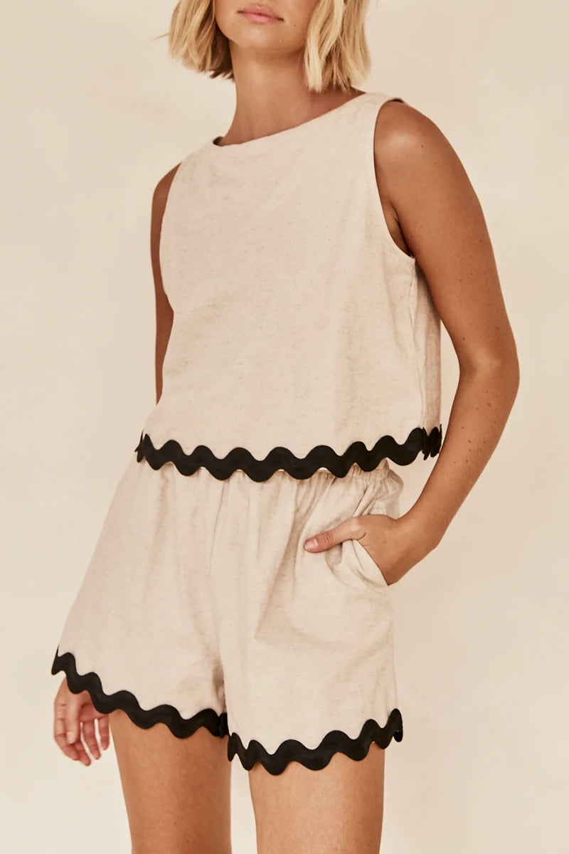 Simplicity Color Block Pocket Contrast O Neck Sleeveless Two Pieces