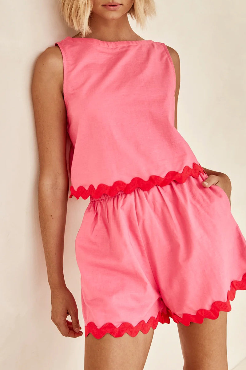 Simplicity Color Block Pocket Contrast O Neck Sleeveless Two Pieces
