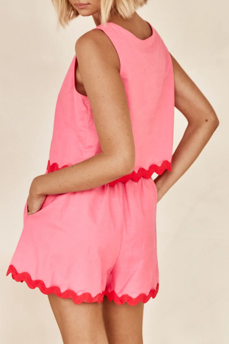 Simplicity Color Block Pocket Contrast O Neck Sleeveless Two Pieces