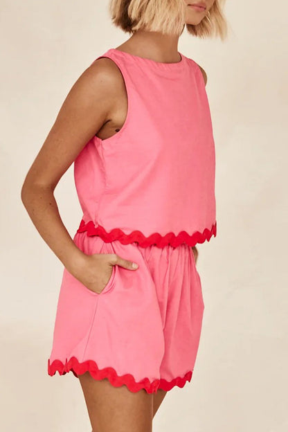 Simplicity Color Block Pocket Contrast O Neck Sleeveless Two Pieces