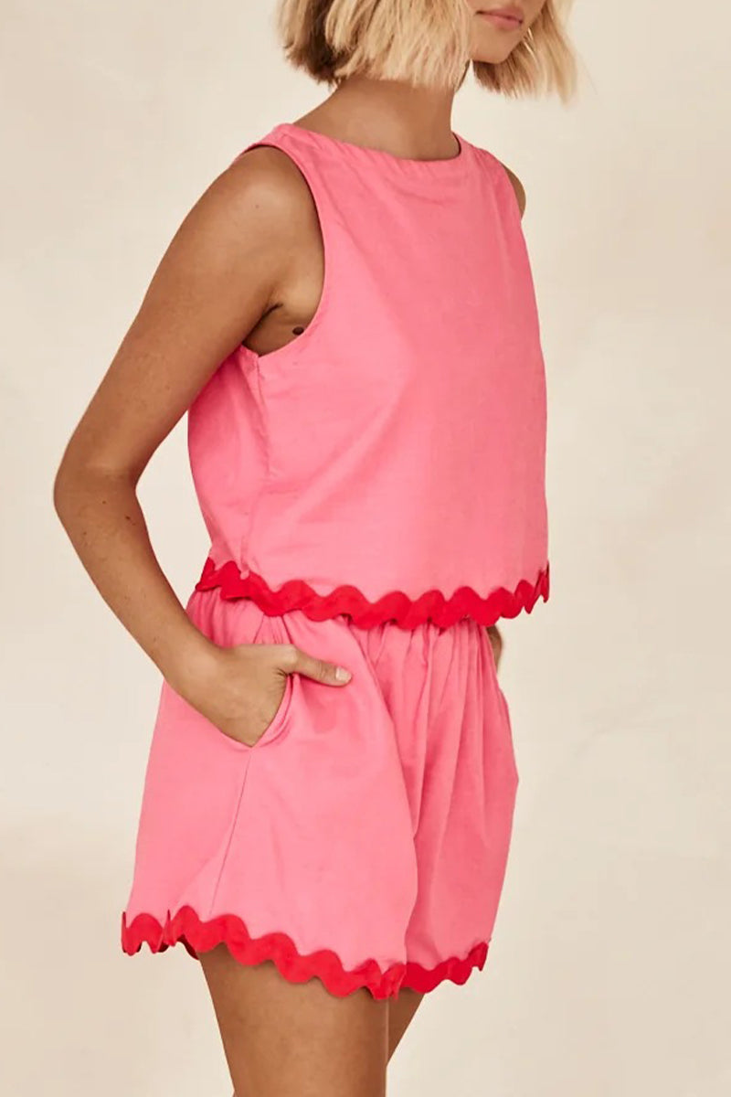 Simplicity Color Block Pocket Contrast O Neck Sleeveless Two Pieces
