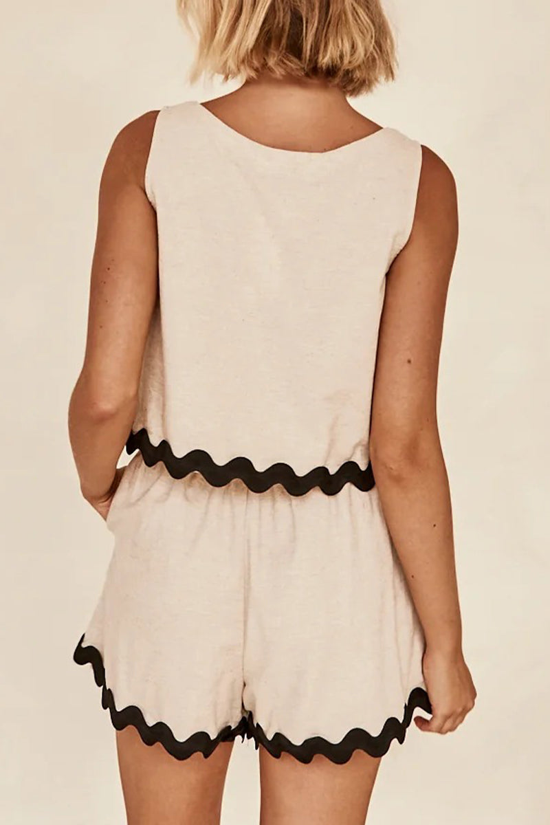 Simplicity Color Block Pocket Contrast O Neck Sleeveless Two Pieces