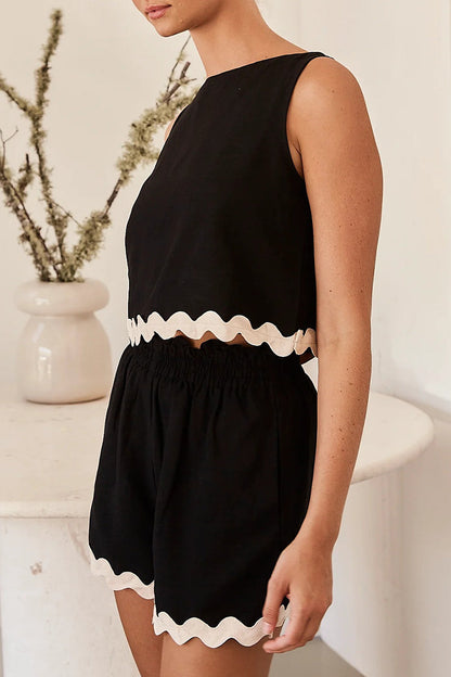 Simplicity Color Block Pocket Contrast O Neck Sleeveless Two Pieces