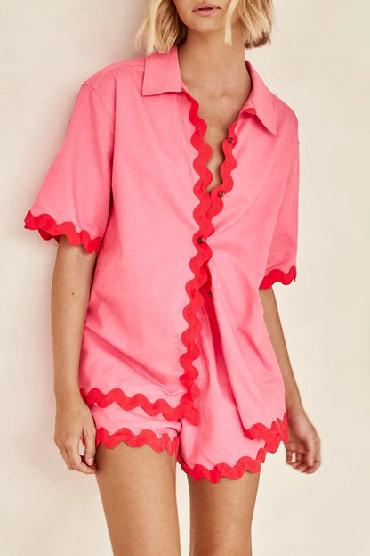 Simplicity Color Block Pocket Contrast Turndown Collar Short Sleeve Two Pieces