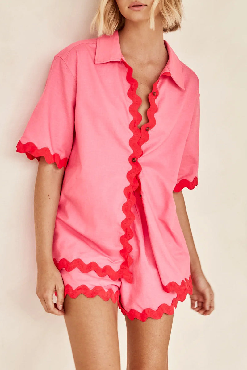 Simplicity Color Block Pocket Contrast Turndown Collar Short Sleeve Two Pieces