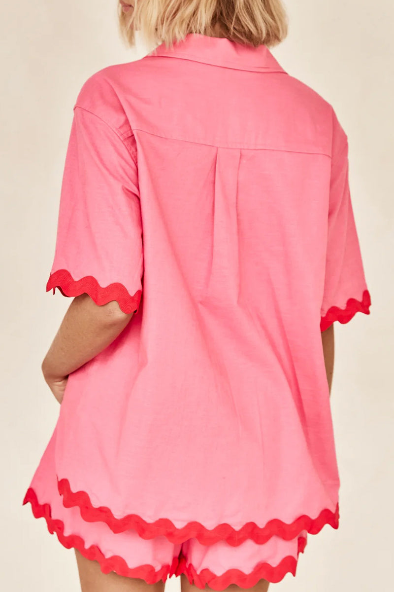 Simplicity Color Block Pocket Contrast Turndown Collar Short Sleeve Two Pieces
