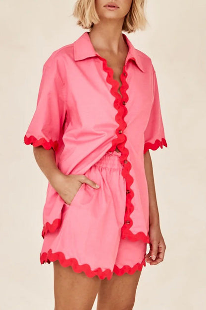 Simplicity Color Block Pocket Contrast Turndown Collar Short Sleeve Two Pieces