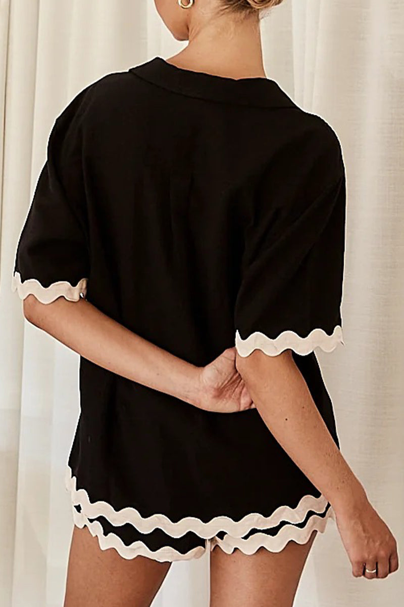 Simplicity Color Block Pocket Contrast Turndown Collar Short Sleeve Two Pieces