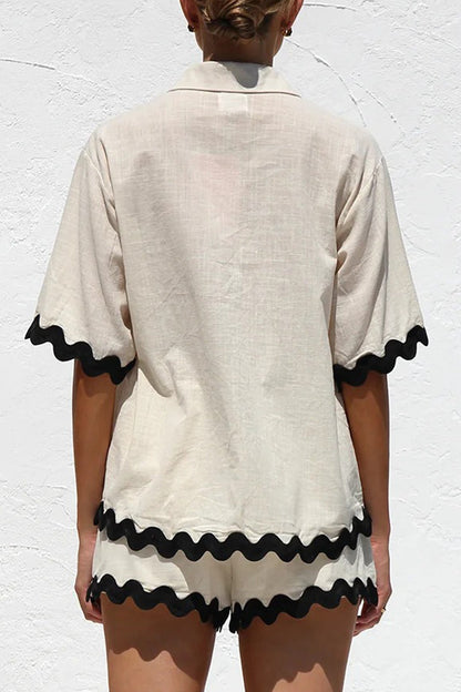 Simplicity Color Block Pocket Contrast Turndown Collar Short Sleeve Two Pieces