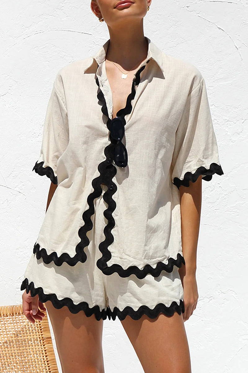 Simplicity Color Block Pocket Contrast Turndown Collar Short Sleeve Two Pieces