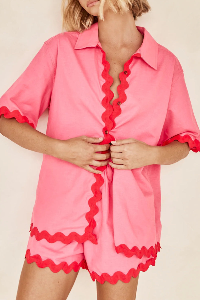 Simplicity Color Block Pocket Contrast Turndown Collar Short Sleeve Two Pieces