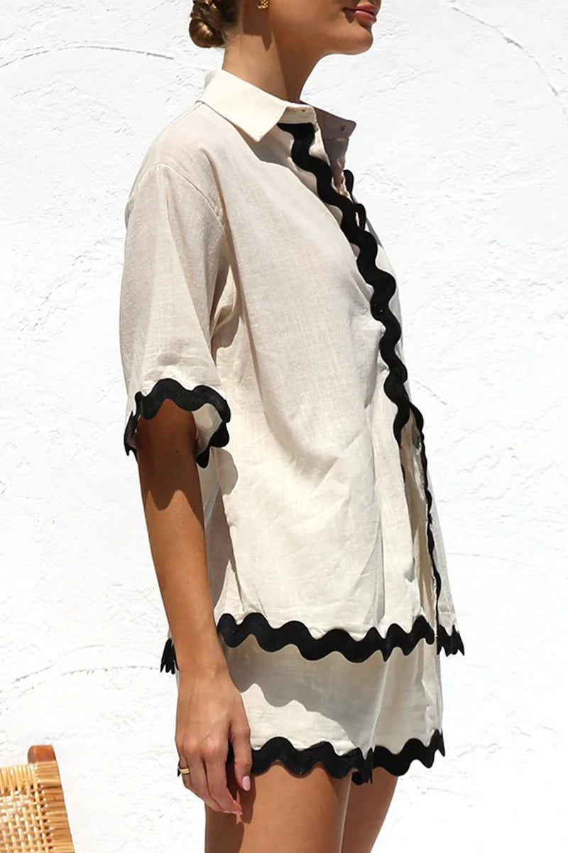 Simplicity Color Block Pocket Contrast Turndown Collar Short Sleeve Two Pieces