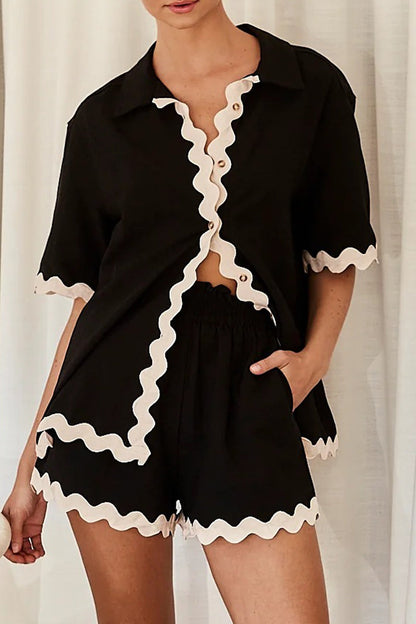 Simplicity Color Block Pocket Contrast Turndown Collar Short Sleeve Two Pieces