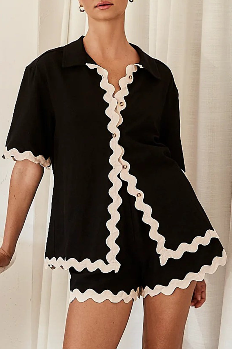 Simplicity Color Block Pocket Contrast Turndown Collar Short Sleeve Two Pieces