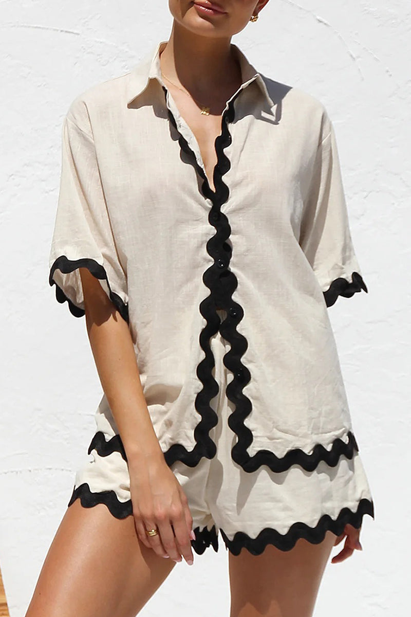 Simplicity Color Block Pocket Contrast Turndown Collar Short Sleeve Two Pieces