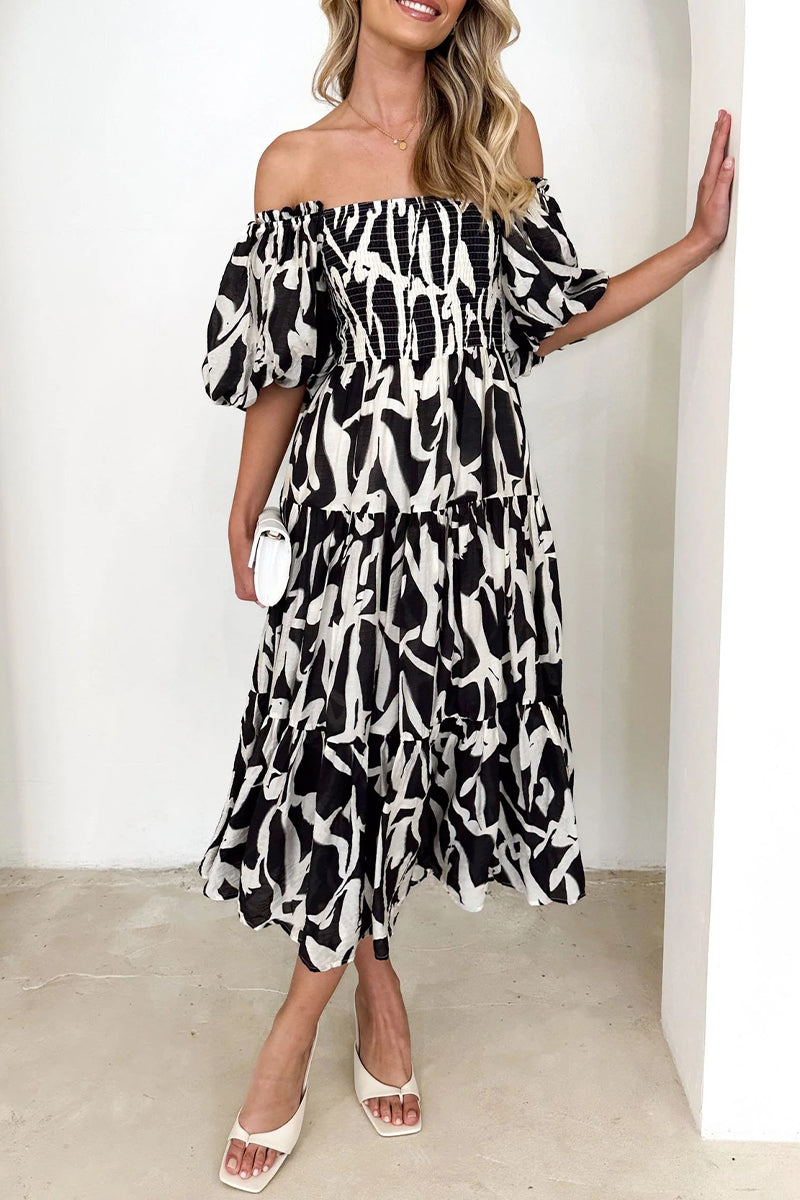 Patchwork Off the Shoulder Cake Skirt Dresses