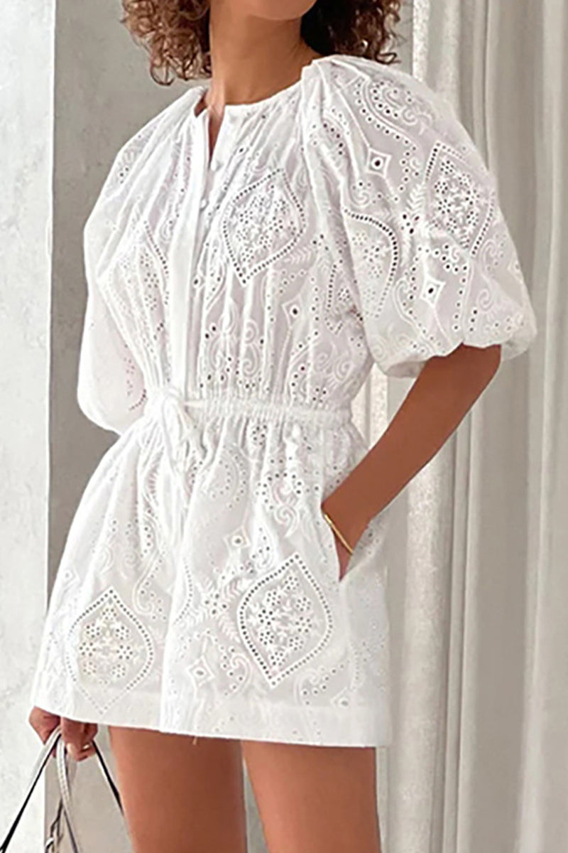 Simplicity Hollowed Out Draw String Pocket O Neck Loose Rompers