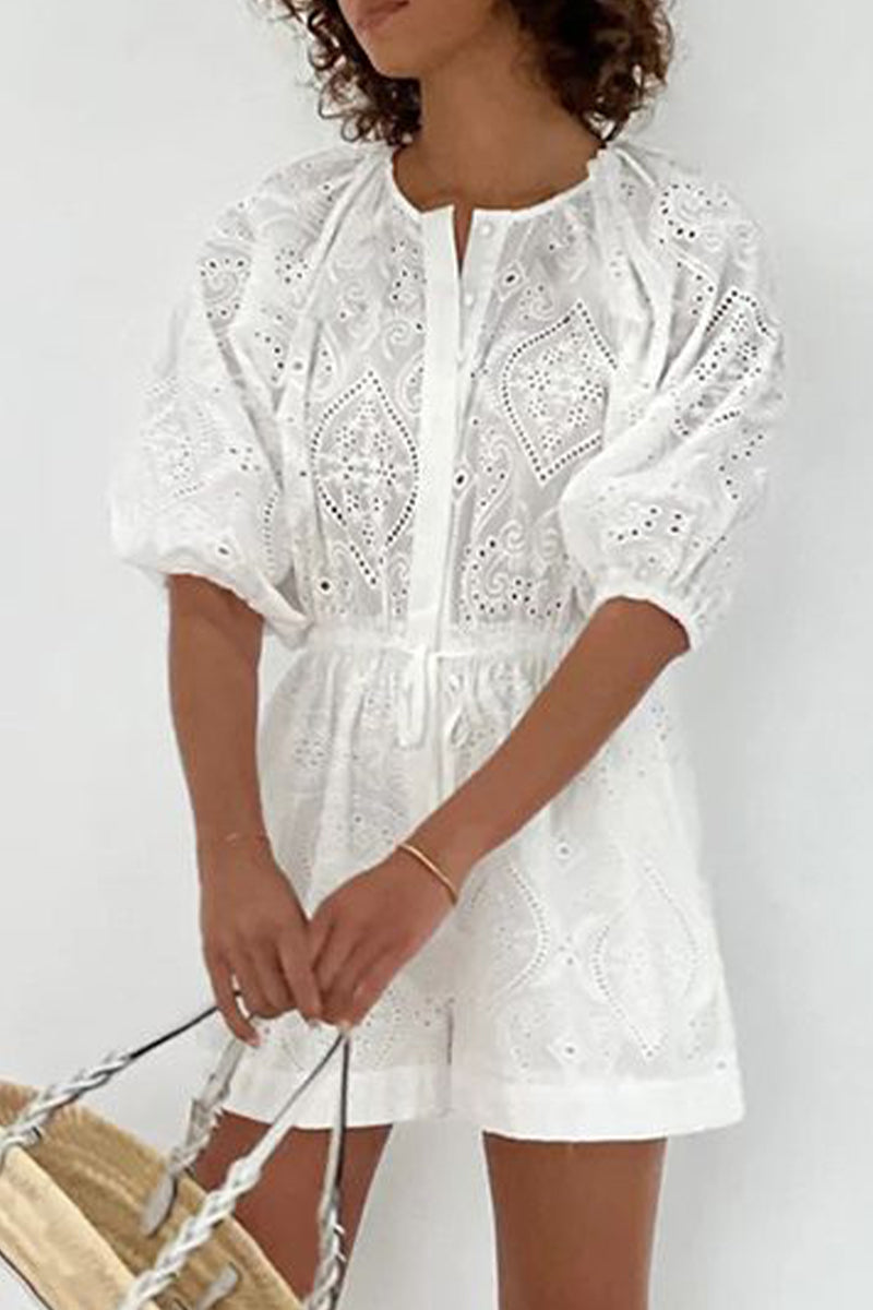 Simplicity Hollowed Out Draw String Pocket O Neck Loose Rompers