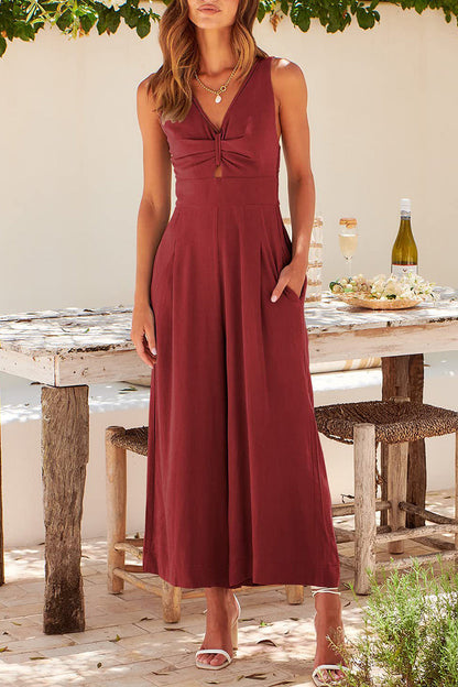 Simplicity Pocket Backless V Neck Loose Jumpsuits(13 Colors)