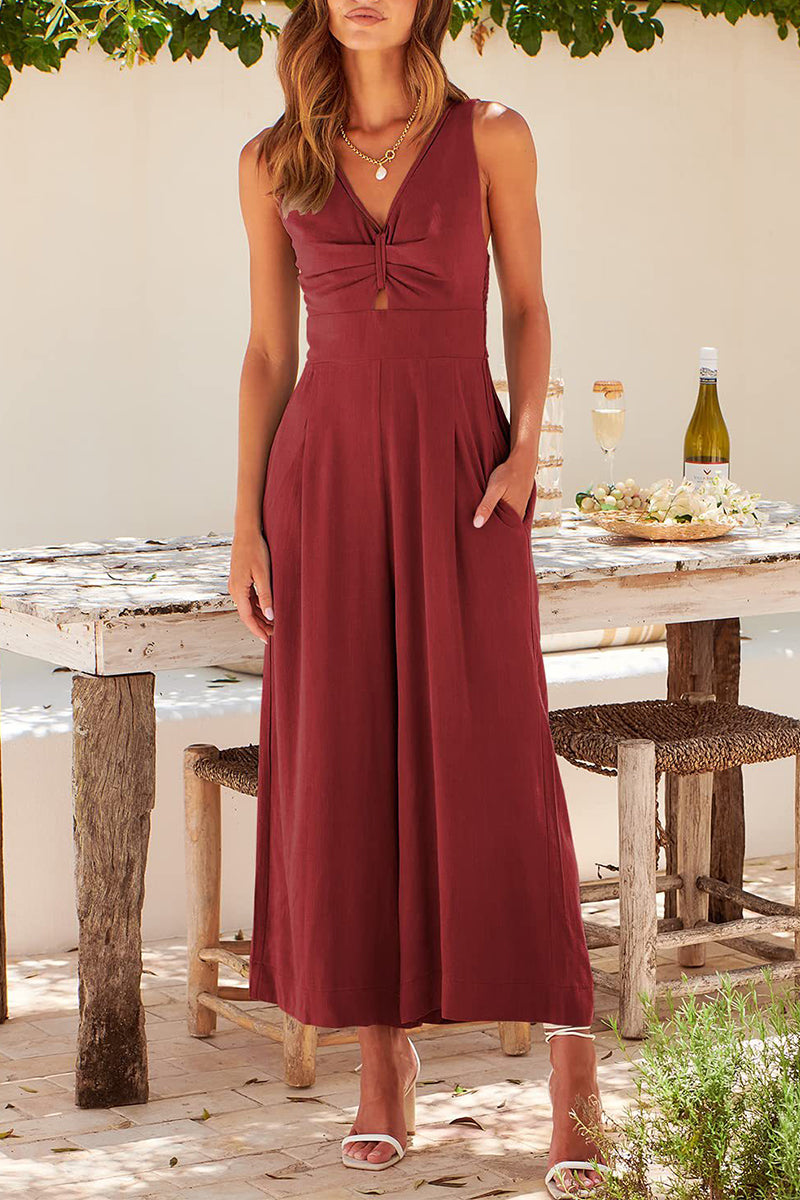 Simplicity Pocket Backless V Neck Loose Jumpsuits(13 Colors)