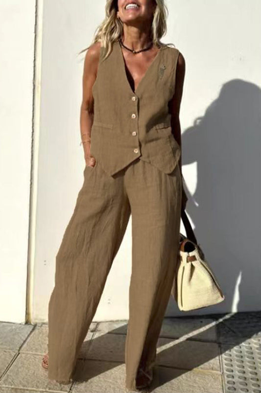 Simplicity Pocket Buckle V Neck Sleeveless Two Pieces