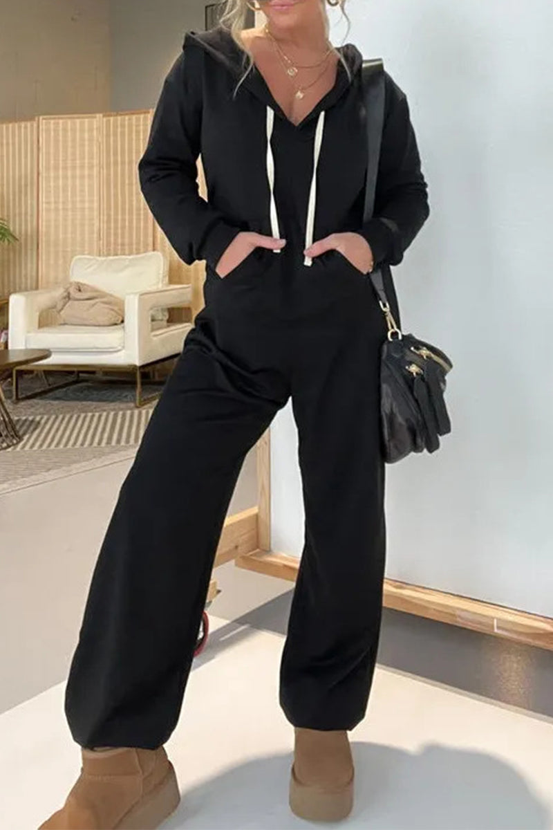 Simplicity Draw String Pocket Hooded Collar Loose Jumpsuits