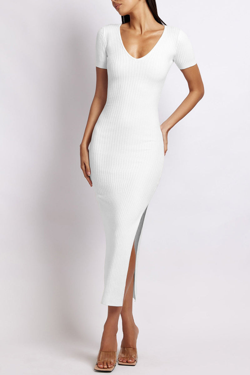 Slit V Neck One Step Skirt Short Sleeve Dress